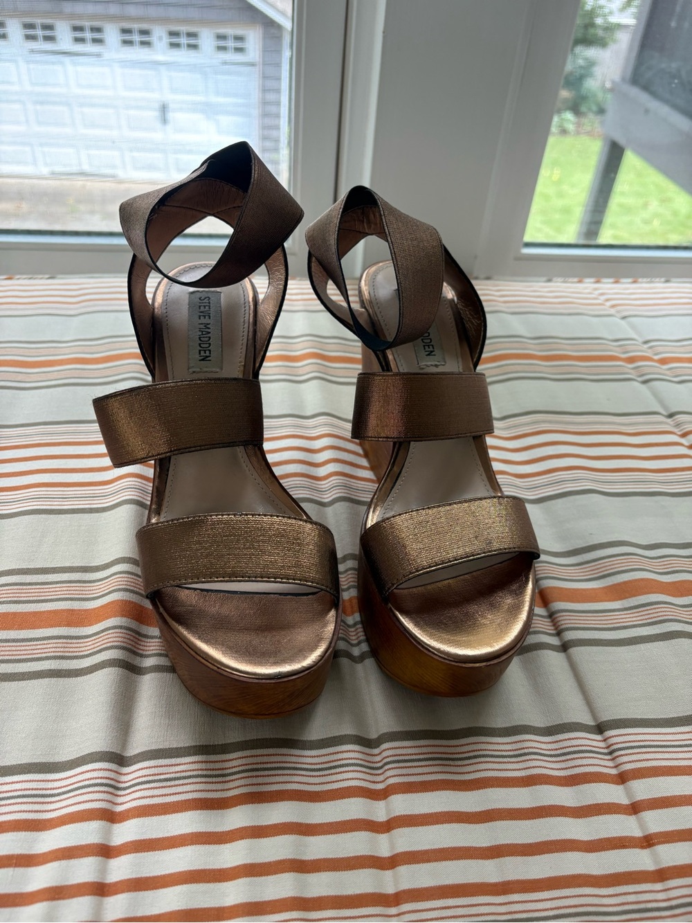 Steve Madden Metallic Bronze Ankle-Wrap Platform Sandals